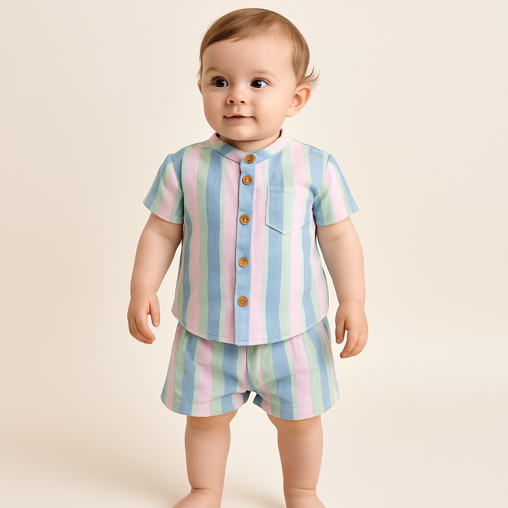 TOFFY HOUSE Muslin Cotton Shirt & Shorts Set – Pastel Stripes | Front Pocket | Wooden Buttons | 0–9 Months