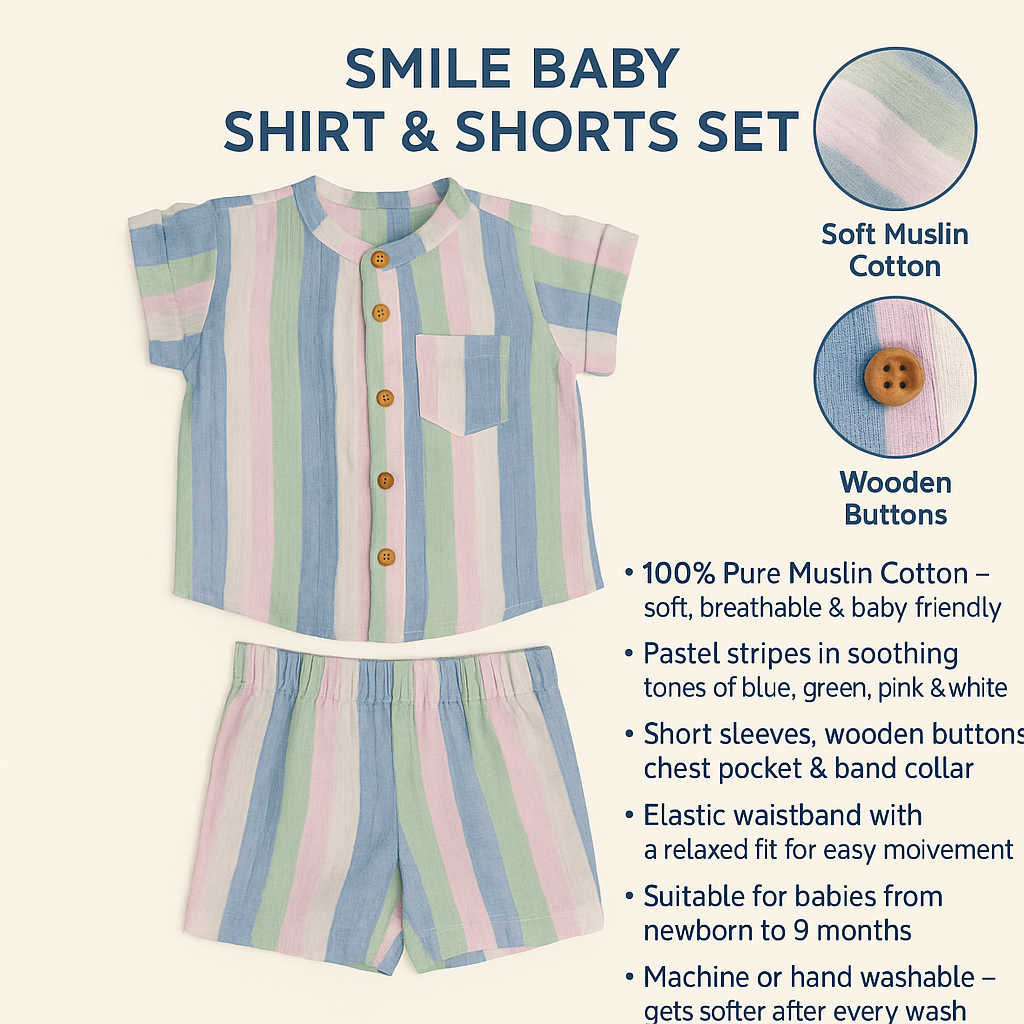 TOFFY HOUSE Muslin Cotton Shirt & Shorts Set – Pastel Stripes | Front Pocket | Wooden Buttons | 0–9 Months