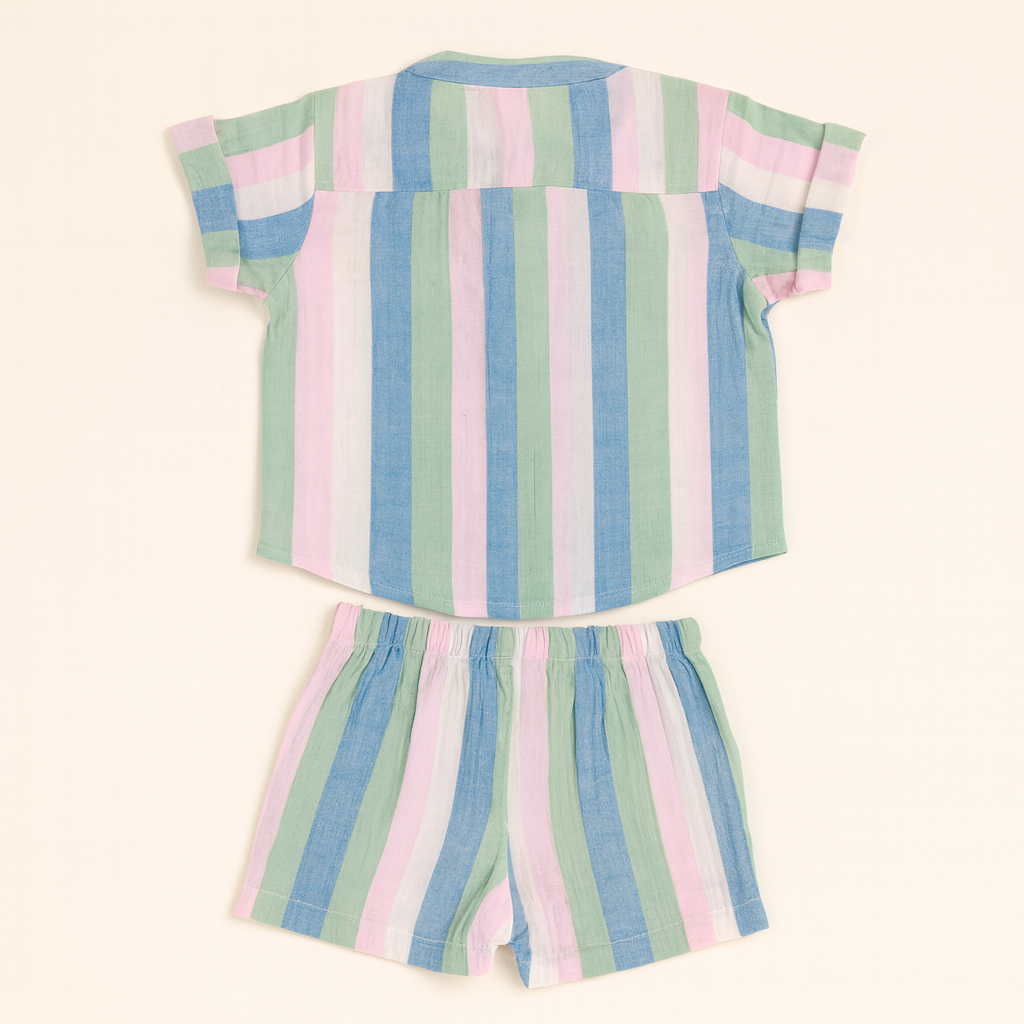 TOFFY HOUSE Muslin Cotton Shirt & Shorts Set – Pastel Stripes | Front Pocket | Wooden Buttons | 0–9 Months