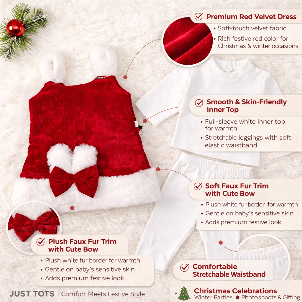 JUST TOTS Baby Girls Christmas Outfit Set | Red Velvet Dress with White Inner Top & Leggings | Soft Winter Wear for Babies & Toddlers (9 Months – 4 Years)