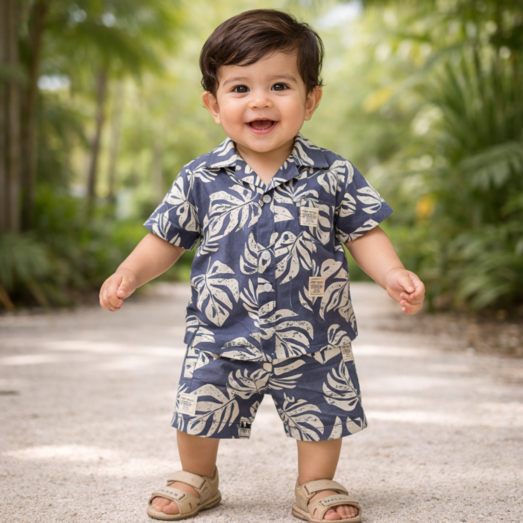 KIDZELLO Tropical Leaf Co-Ord Set for Boys (6M–3Y) – Summer Shirt & Shorts Outfit , S. Grey & Green