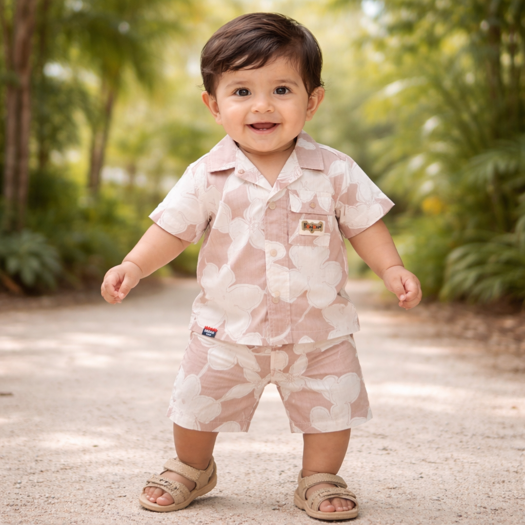 KIDZELLO Peach Floral Co-Ord Set for Boys (6M–3Y) – Summer Shirt & Shorts Outfit