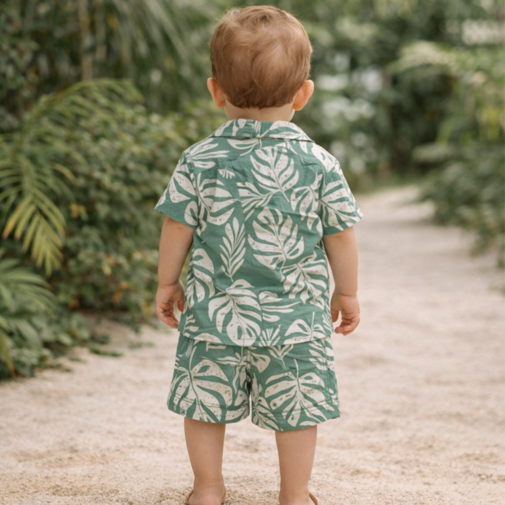 KIDZELLO Tropical Leaf Co-Ord Set for Boys (6M–3Y) – Summer Shirt & Shorts Outfit , S. Grey & Green