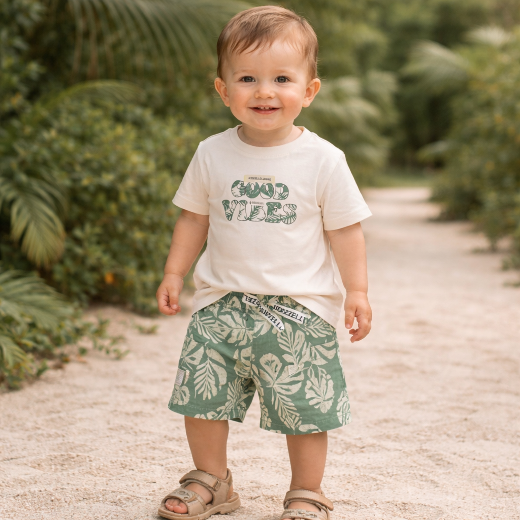 KIDZELLO Tropical Leaf Co-Ord Set for Boys (6M–3Y) – Summer Shirt & Shorts Outfit , S. Grey & Green
