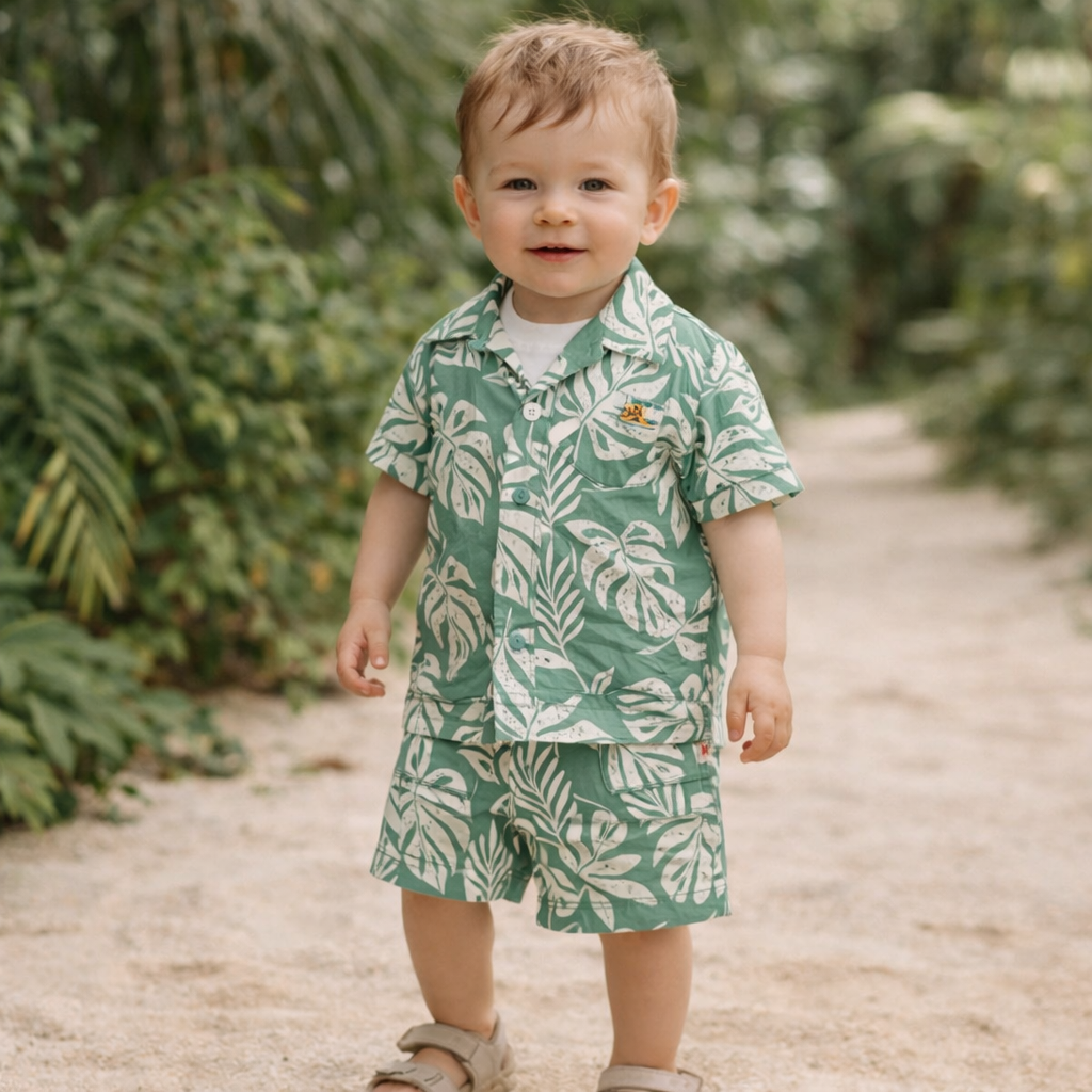 KIDZELLO Tropical Leaf Co-Ord Set for Boys (6M–3Y) – Summer Shirt & Shorts Outfit , S. Grey & Green
