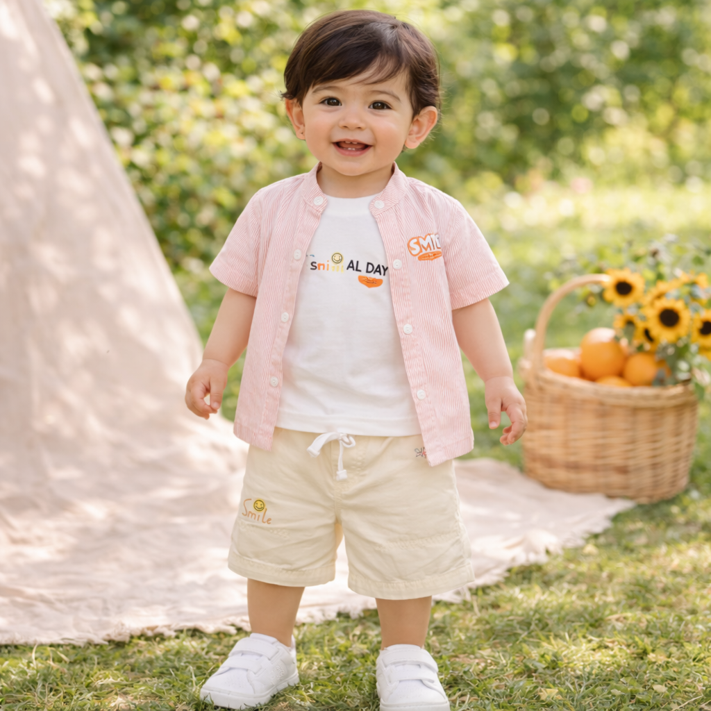 KIDZELLO Smile All Day Summer Co-Ord Set for Baby Boys (0–24 Months) – Soft Cotton Shirt & Shorts – Peach & Sky