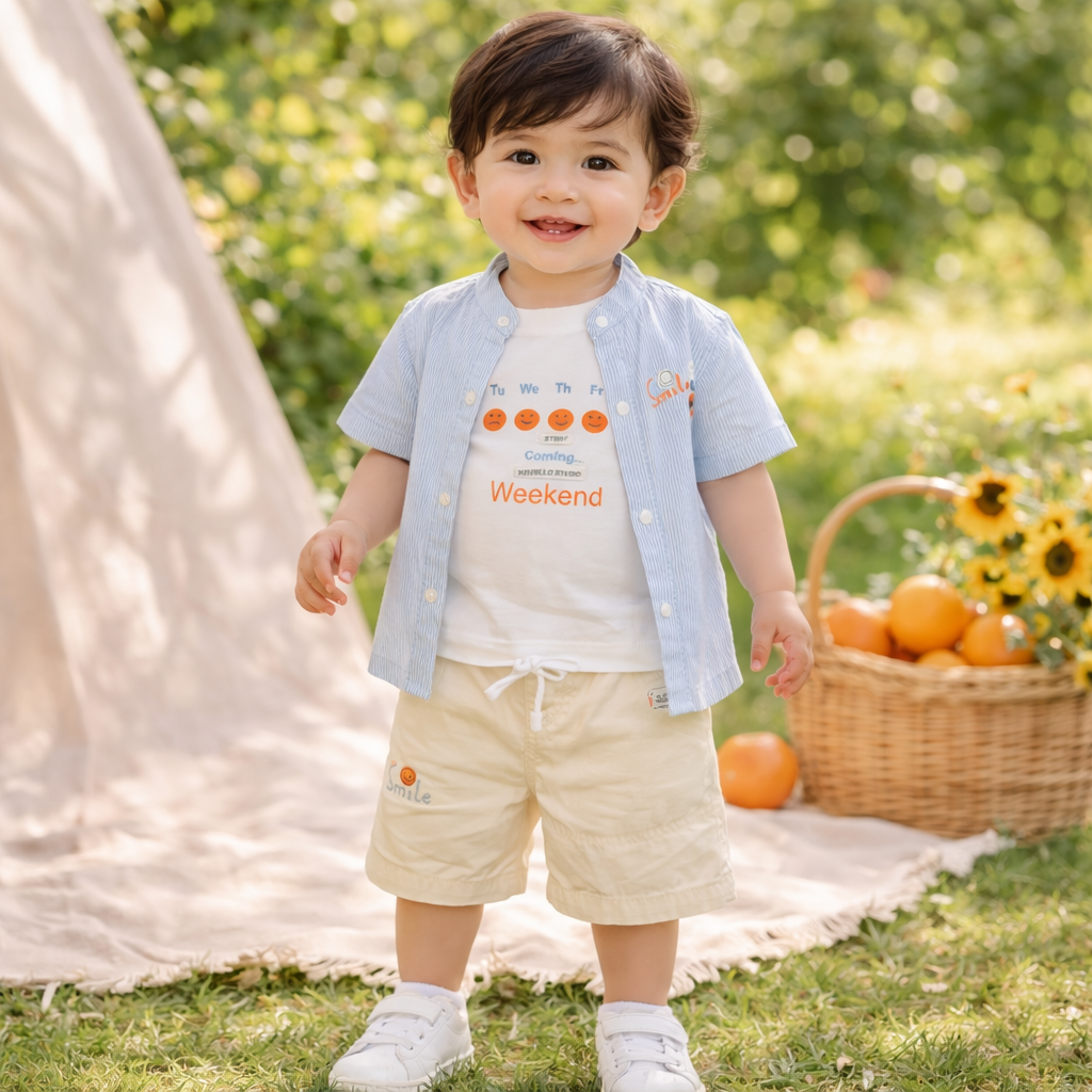 KIDZELLO Smile All Day Summer Co-Ord Set for Baby Boys (0–24 Months) – Soft Cotton Shirt & Shorts – Peach & Sky