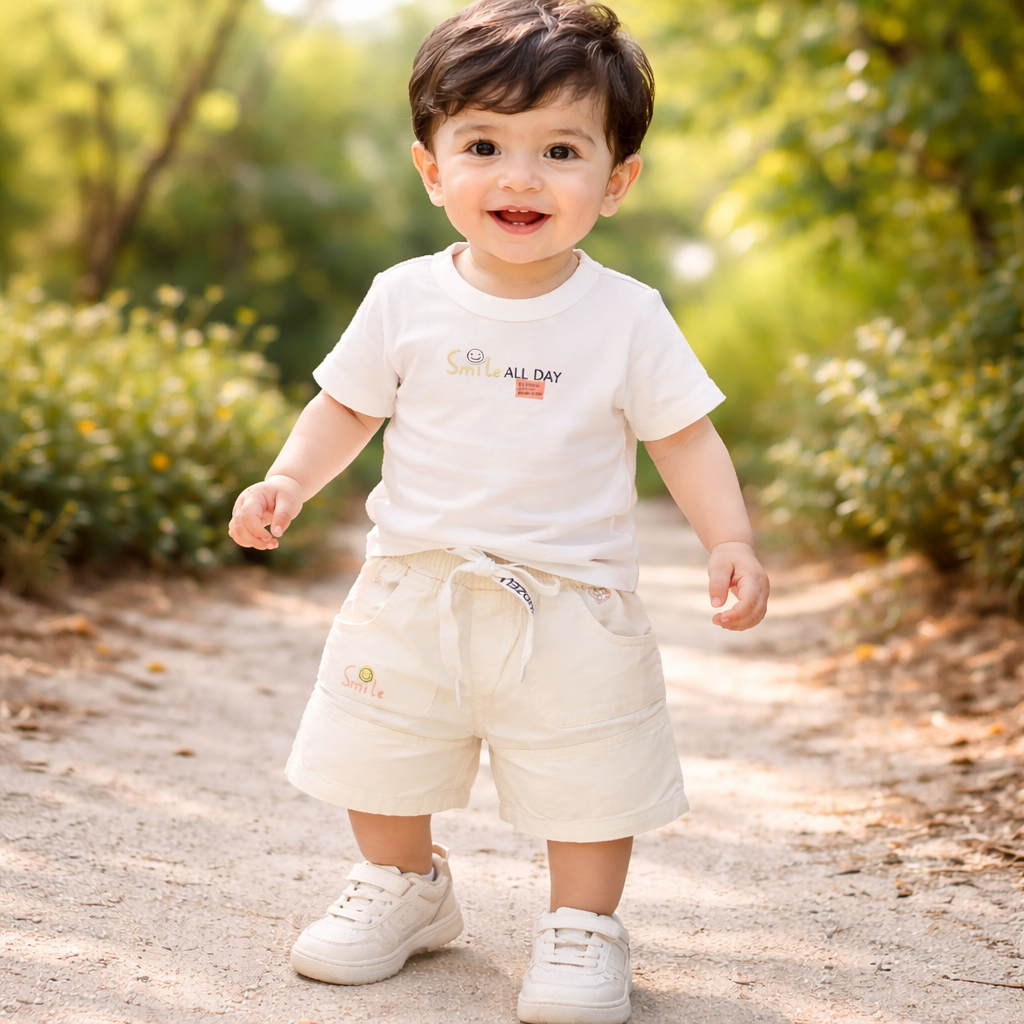 KIDZELLO Smile All Day Summer Co-Ord Set for Baby Boys (0–24 Months) – Soft Cotton Shirt & Shorts – Peach & Sky