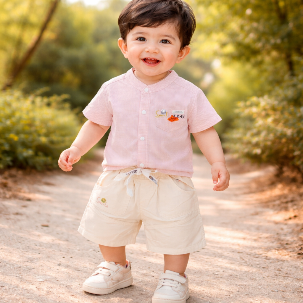 KIDZELLO Smile All Day Summer Co-Ord Set for Baby Boys (0–24 Months) – Soft Cotton Shirt & Shorts – Peach & Sky