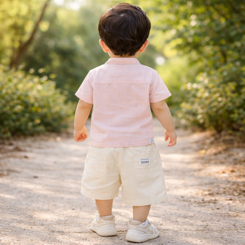 KIDZELLO Smile All Day Summer Co-Ord Set for Baby Boys (0–24 Months) – Soft Cotton Shirt & Shorts – Peach & Sky