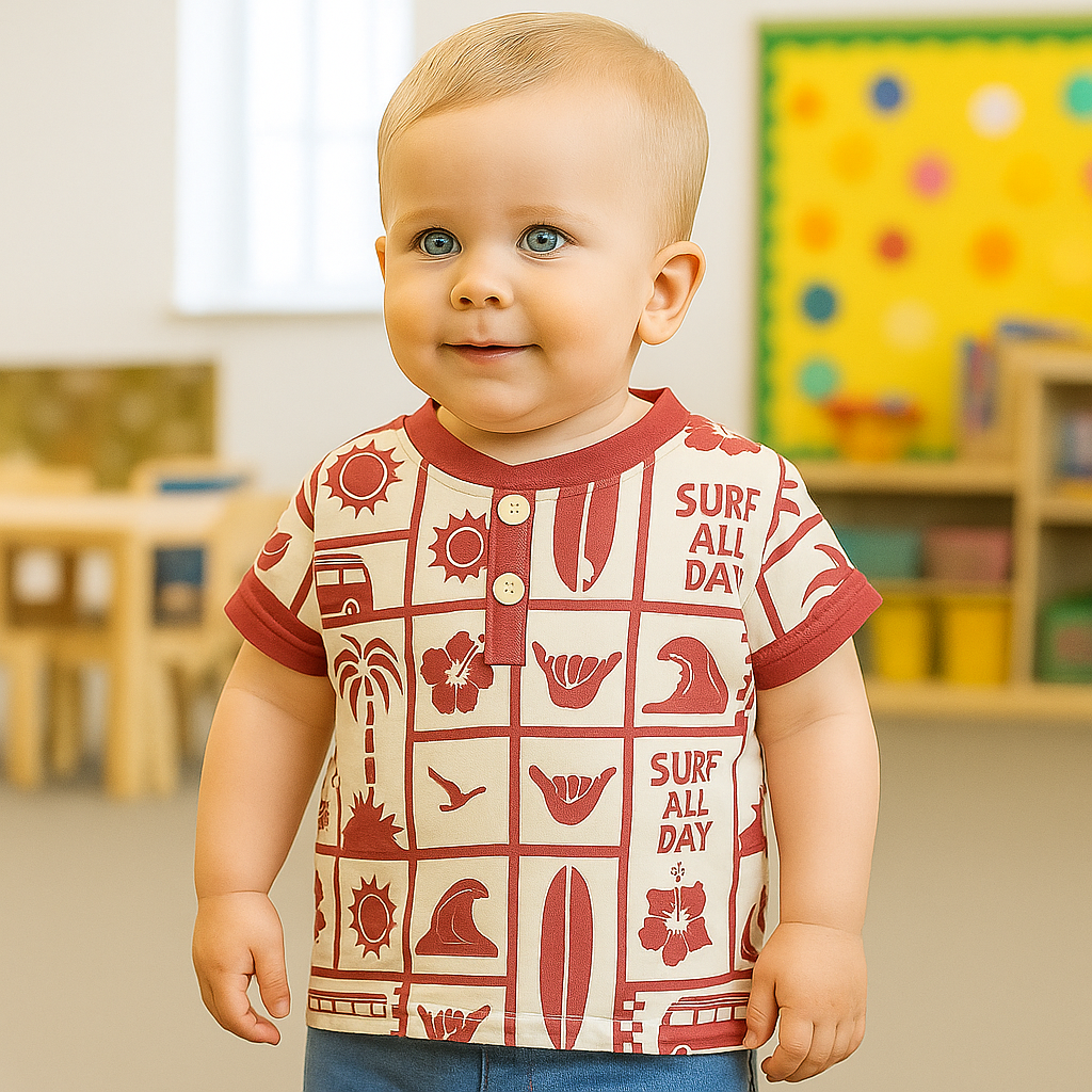 OLLYPOP “Surf All Day” Boys T-Shirt – Soft Cotton Half Sleeve Henley Tee (9M–3Y) – Blue, Mulberry & Turquoise