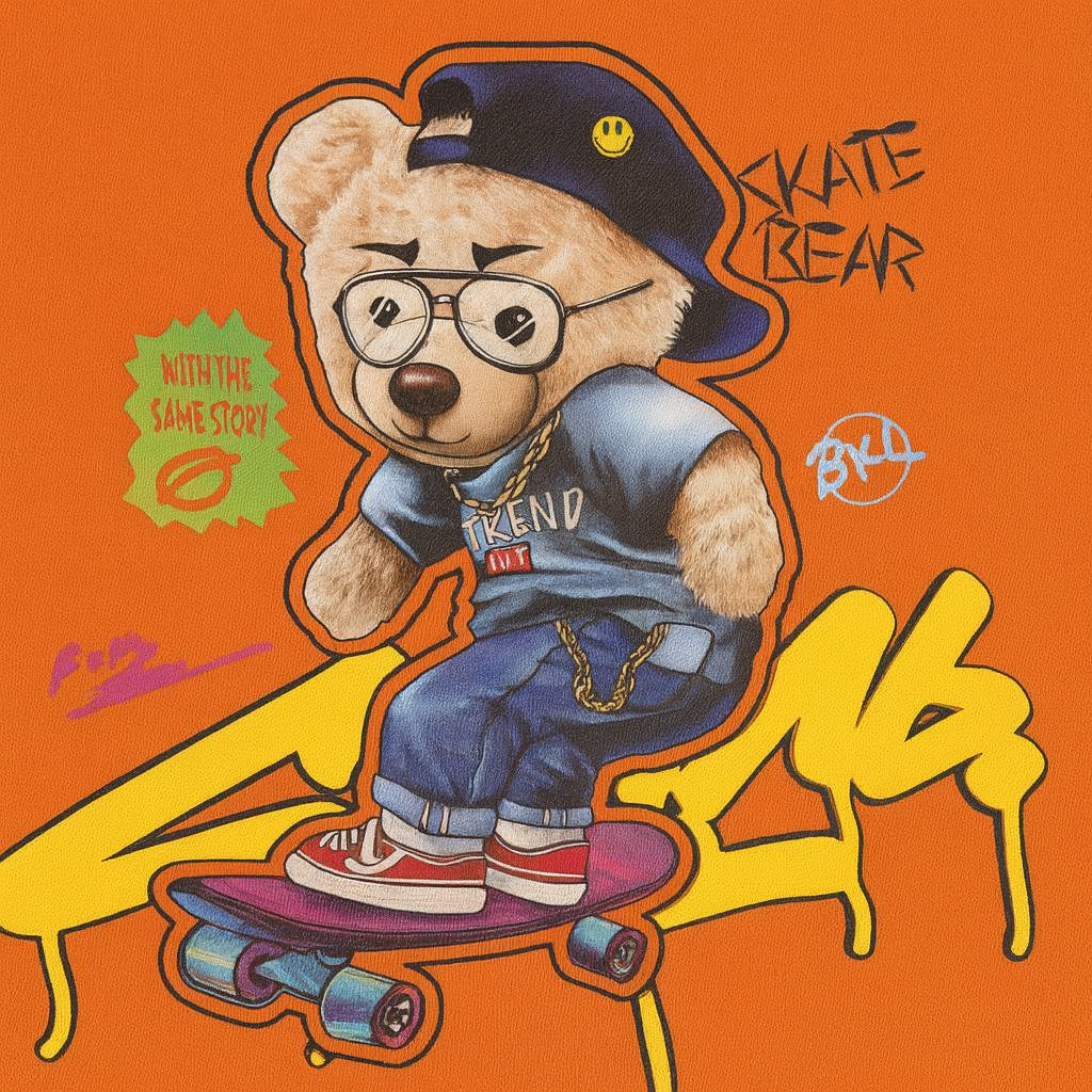 COOLEST Skate Bear Printed T-Shirt for Boys | Age 12 Months – 4 Years | Orange, Neon Green, Black