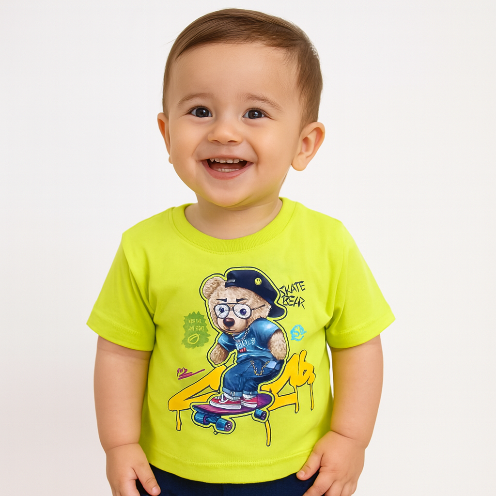 COOLEST Skate Bear Printed T-Shirt for Boys | Age 12 Months – 4 Years | Orange, Neon Green, Black