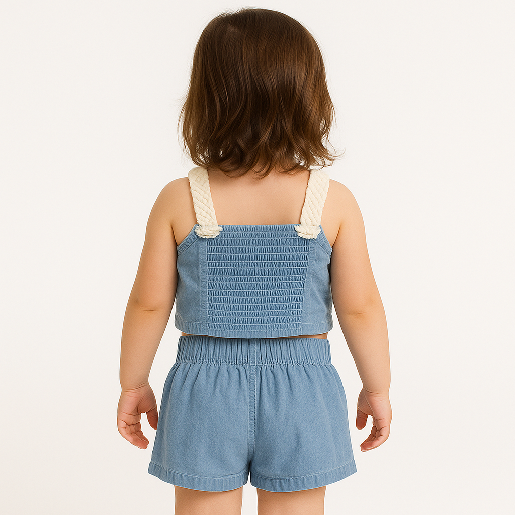 ROXY Girls Denim Two-Piece Set – Stylish Top & Shorts with Floral Design (9M–4Y, Dark Blue & Light Blue)