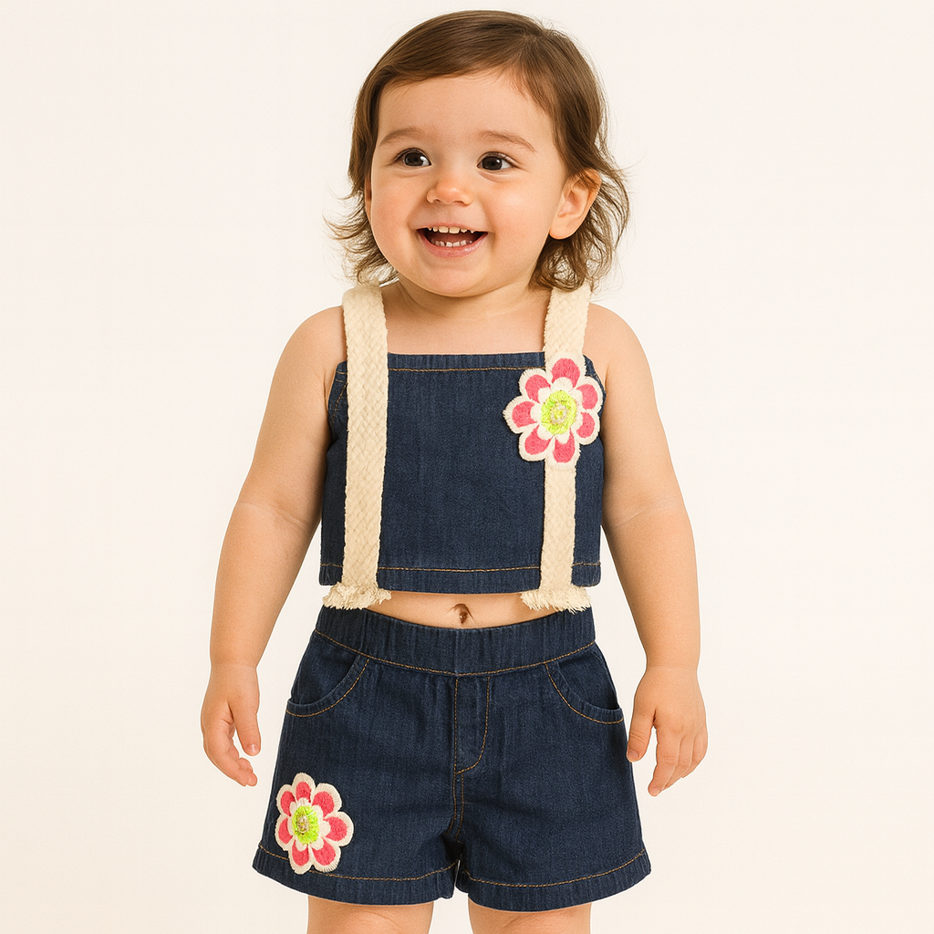 ROXY Girls Denim Two-Piece Set – Stylish Top & Shorts with Floral Design (9M–4Y, Dark Blue & Light Blue)