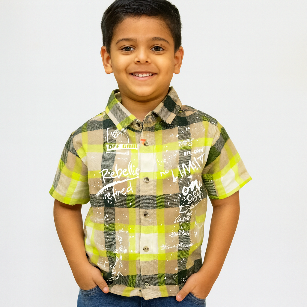 Smile Baby Boys Checkered Casual Shirt – Green & Beige Plaid with Printed Design (Age 2-12 Years)