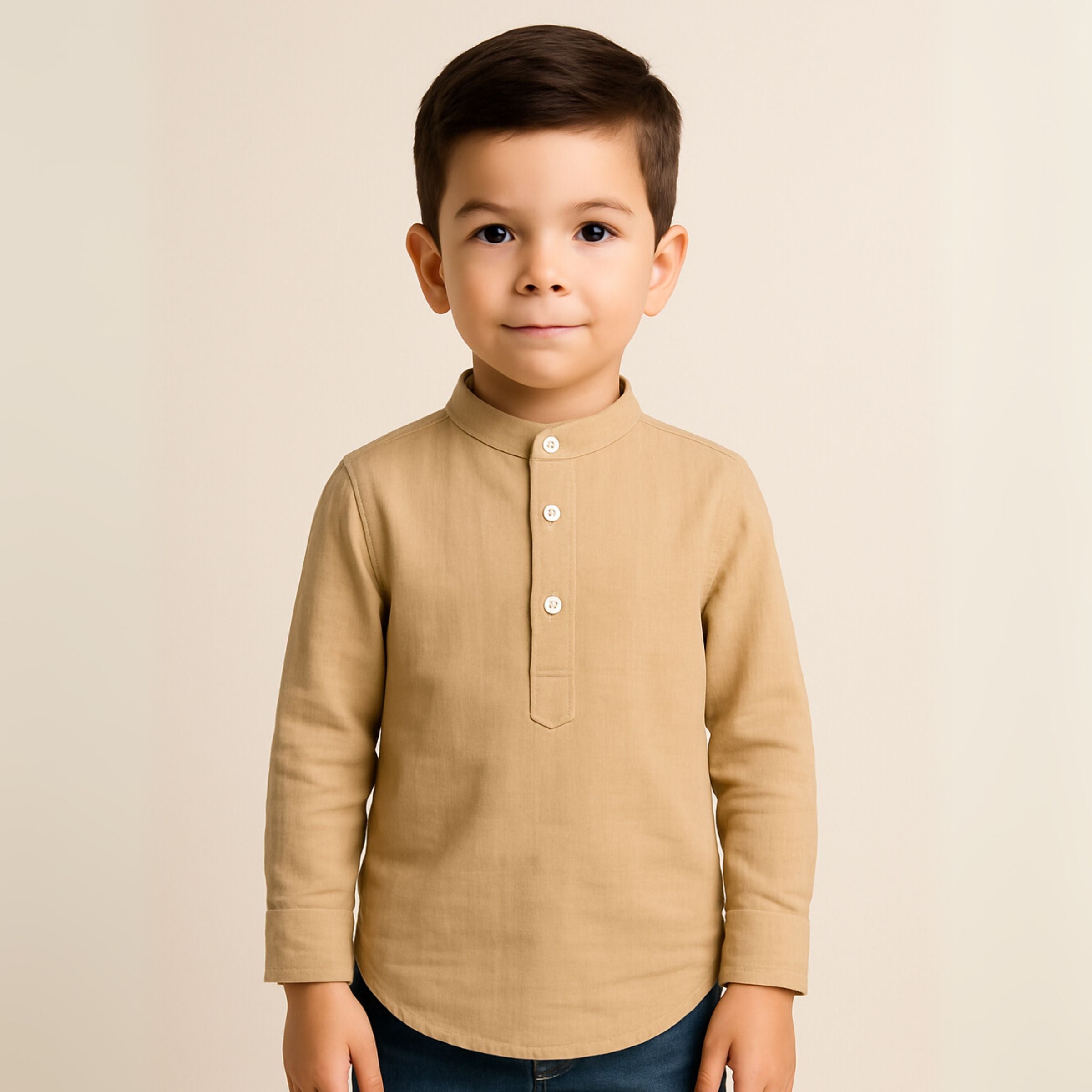 Blazo Boys' Stylish Beige Kurta-Style Shirt for Boys – Soft Cotton | Party & Daily Wear | Full Sleeve Shirt | FAWN Color | Mandarin Neck