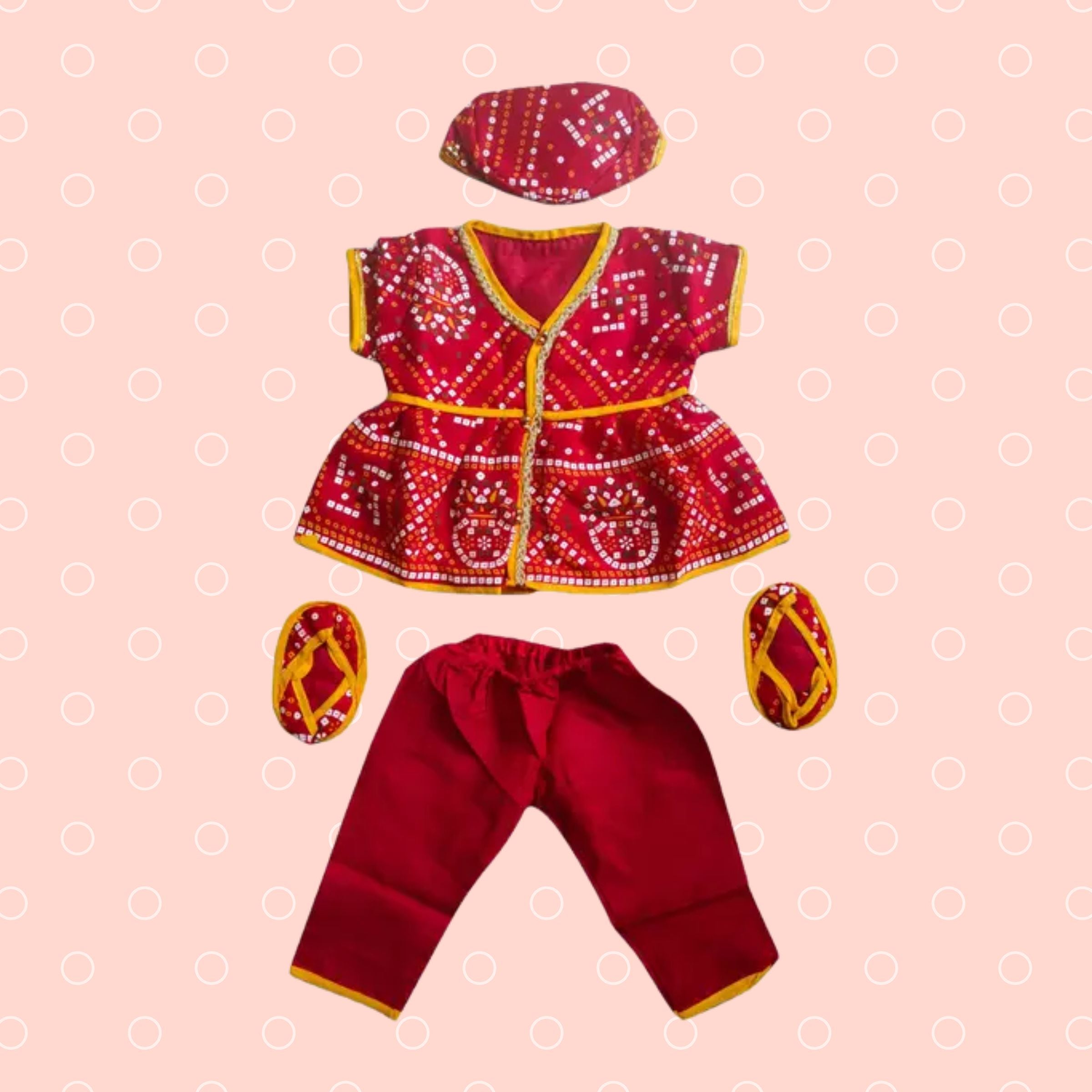 SMILE BABY JAMNA SET FOR GIRLS RED COLOR | JUTI , TOPI ,KURTA AND PAIJAMA SET | BANDHNI PRINTED AND V NECK KURTA AND OLAIN PAIJAMA  IN RED COLOR