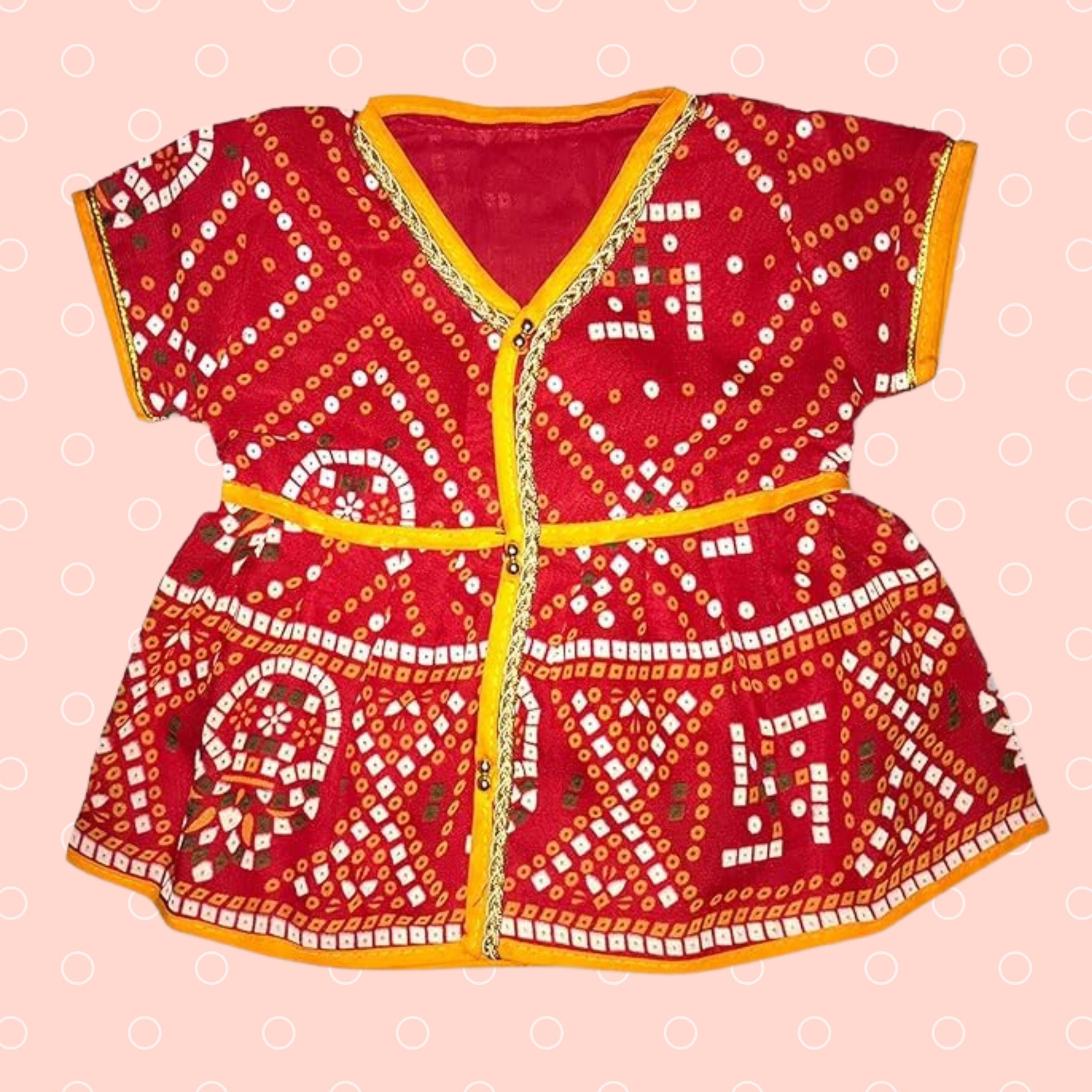 SMILE BABY JAMNA SET FOR GIRLS RED COLOR | JUTI , TOPI ,KURTA AND PAIJAMA SET | BANDHNI PRINTED AND V NECK KURTA AND OLAIN PAIJAMA  IN RED COLOR