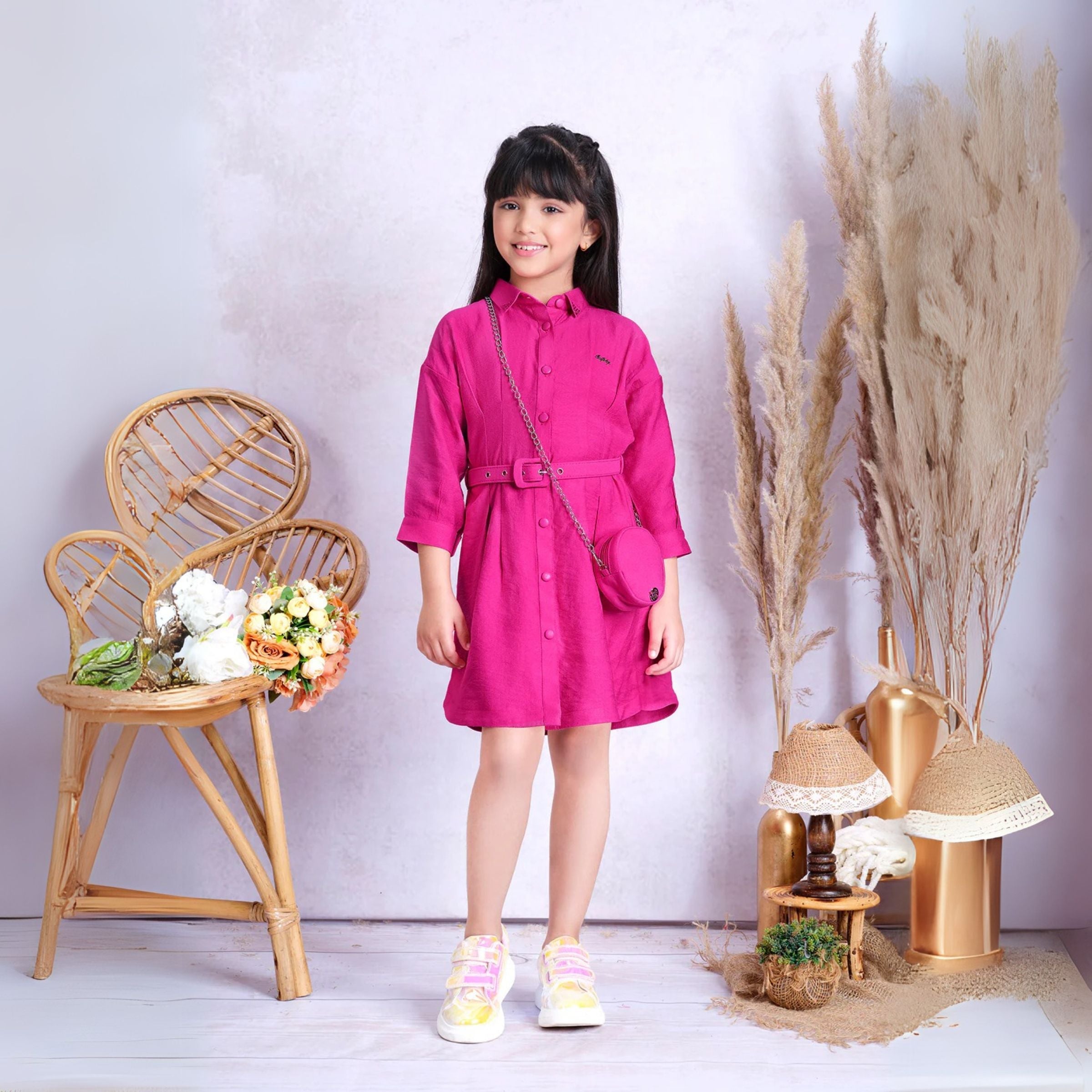 Tiny Baby Pink Color Middy Cuffed Sleeves Dress With Belt and Purse