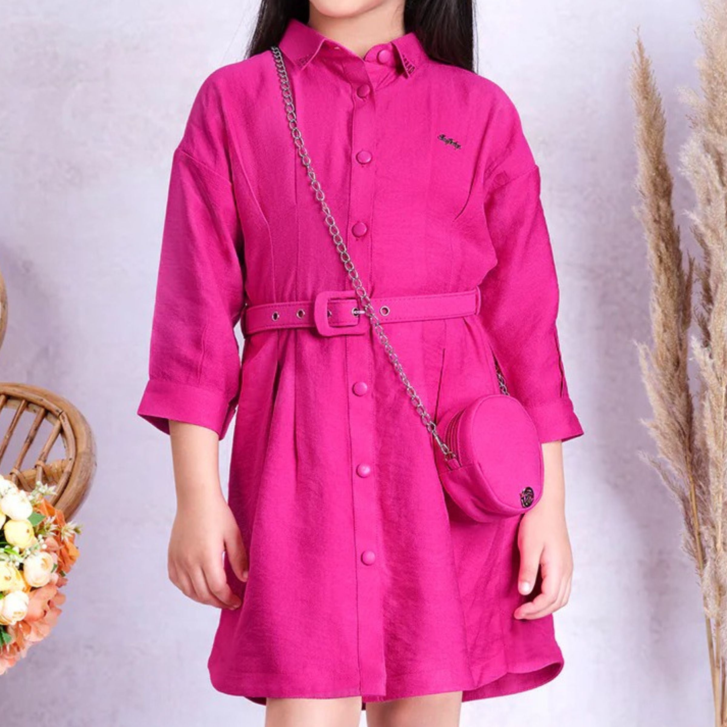 Tiny Baby Pink Color Middy Cuffed Sleeves Dress With Belt and Purse