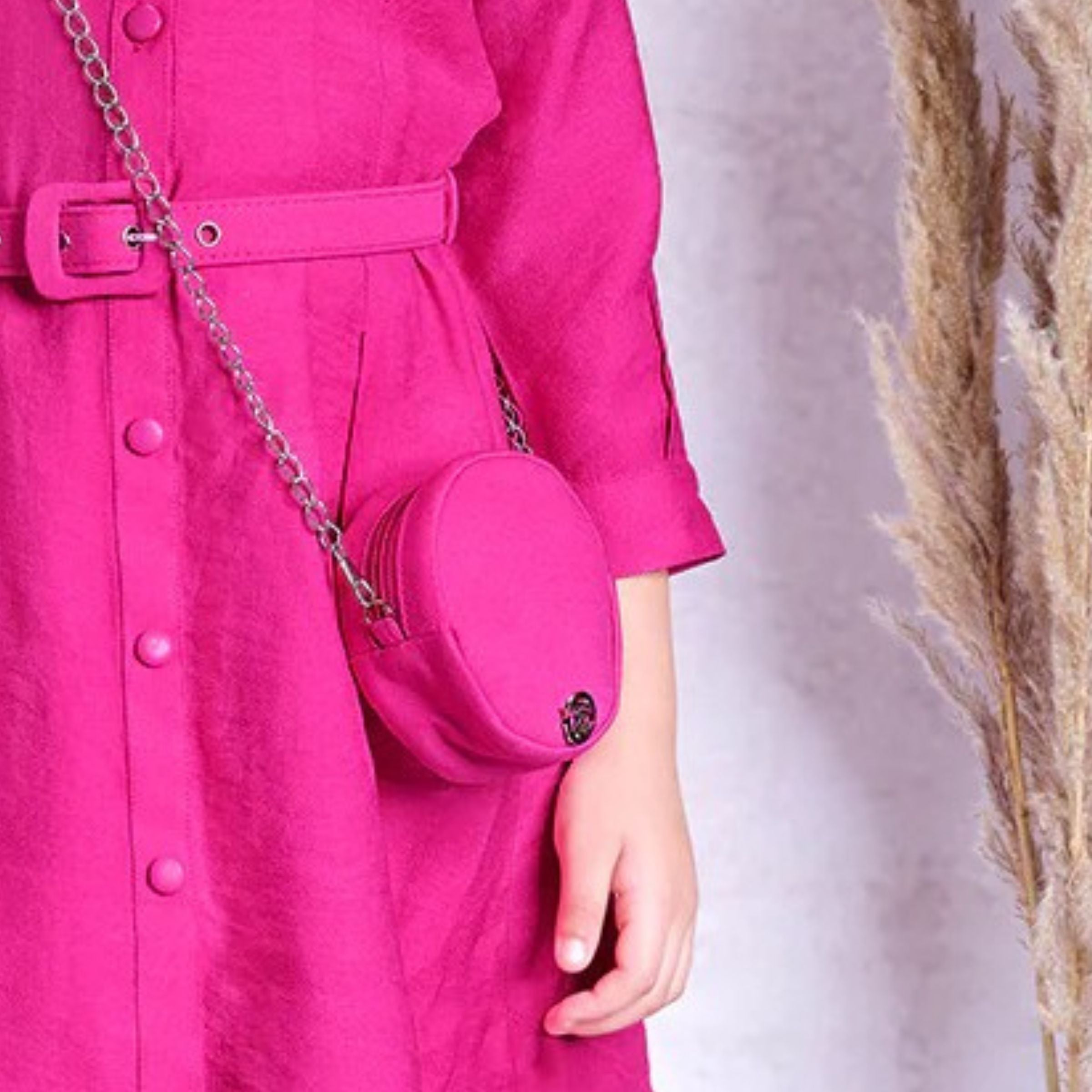 Tiny Baby Pink Color Middy Cuffed Sleeves Dress With Belt and Purse