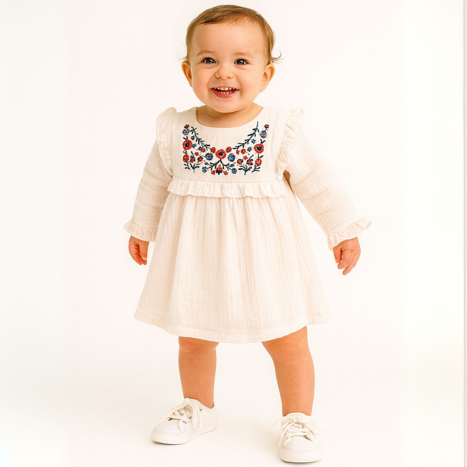 Smile Baby Girls Cotton Embroidered Frock – Full Sleeve, Soft & Comfortable Dress for 6M–3Y