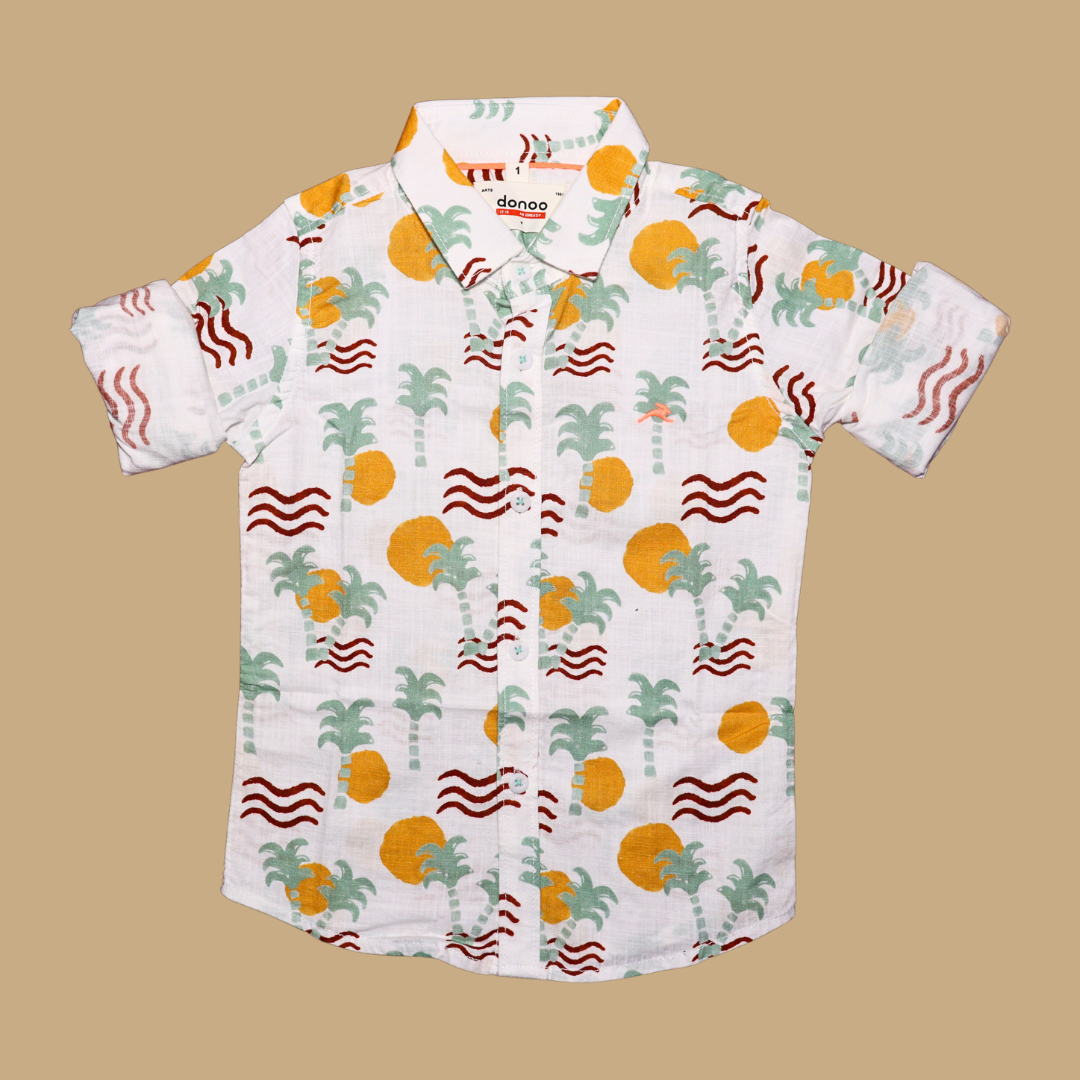 Donoo Boys Cotton Full Sleeves Summer Shirt Stylized Palm Trees, Suns, And Waves (Yellow)