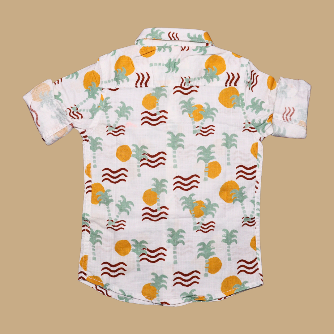 Donoo Boys Cotton Full Sleeves Summer Shirt Stylized Palm Trees, Suns, And Waves (Yellow)