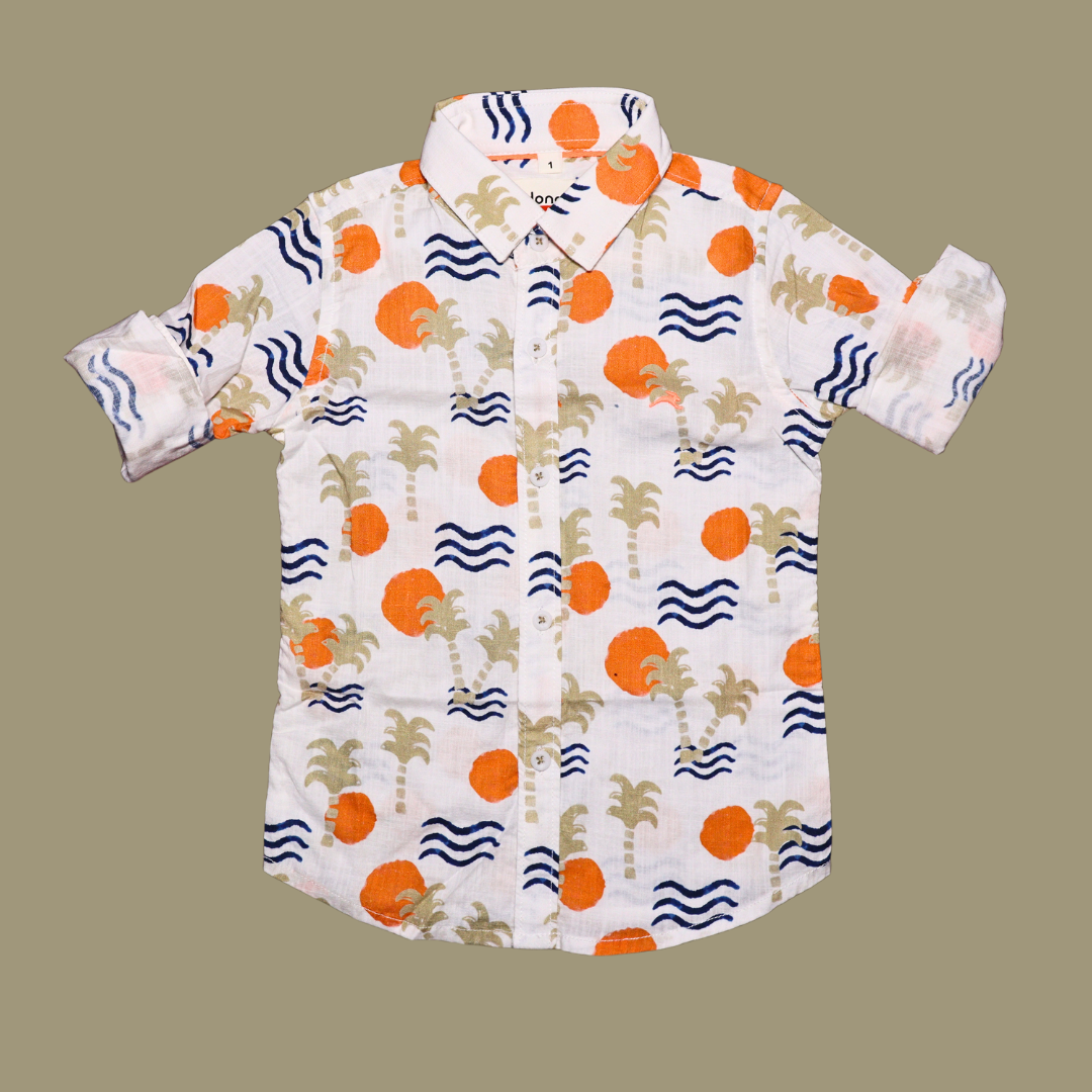 Donoo Boys Cotton Full Sleeves Summer Shirt Stylized Palm Trees, Suns, And Waves ( Orange)
