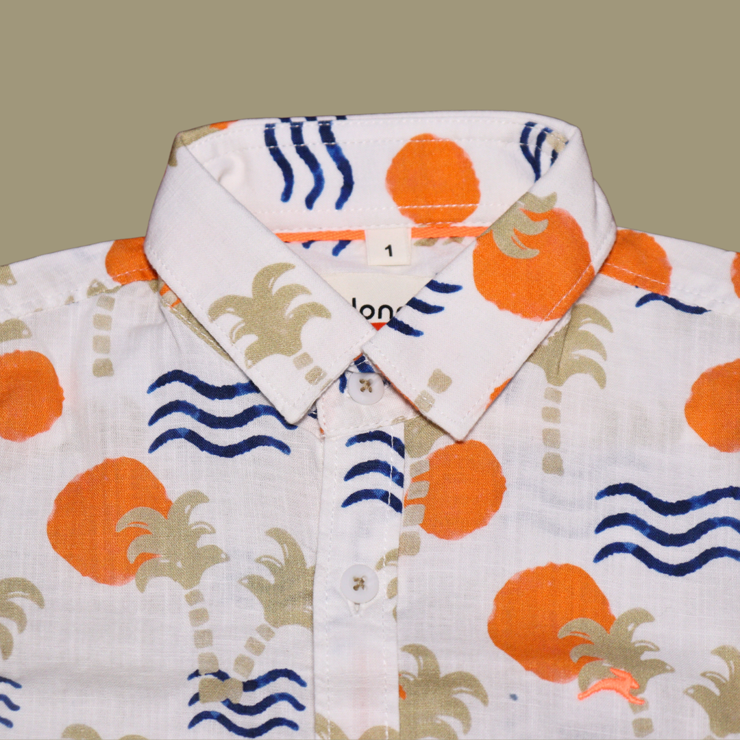 Donoo Boys Cotton Full Sleeves Summer Shirt Stylized Palm Trees, Suns, And Waves ( Orange)