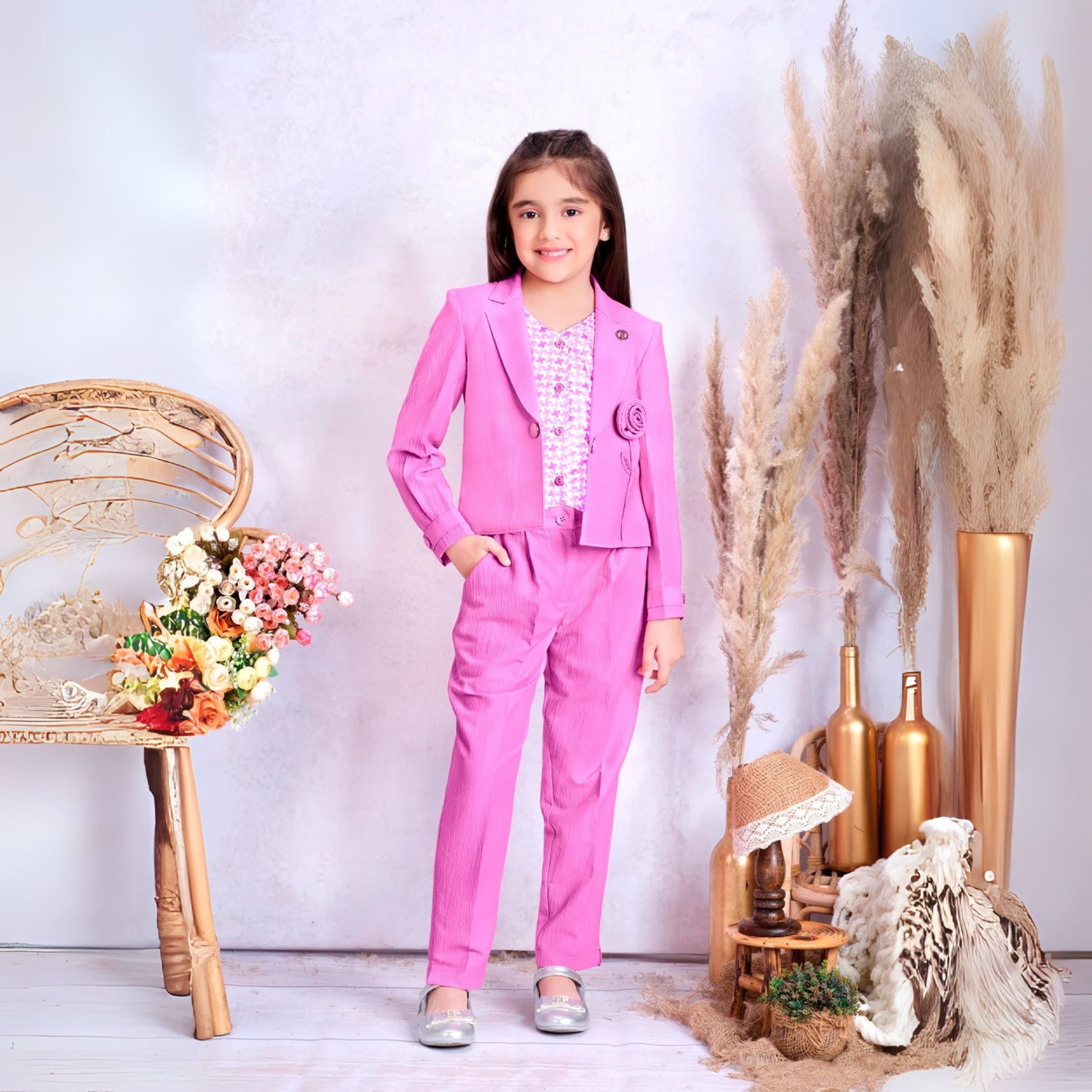 TINY BABY GIRLS PRINTED V-NECK SLEEVELESS TOP AND PANT WITH FULL SLEEVE BLAZER SET  LAVENDER COLORE Set