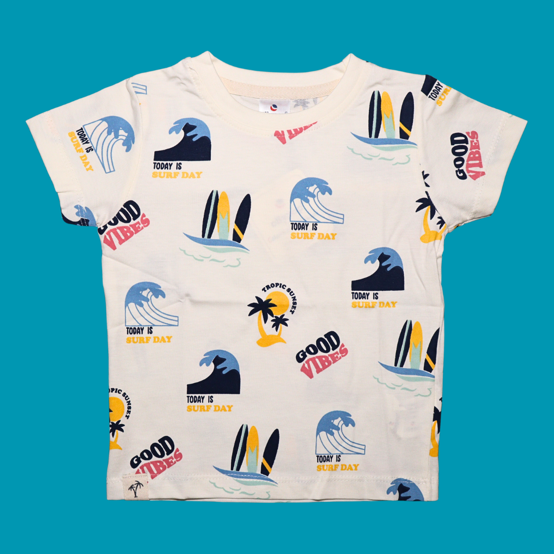 Ollypop Cotton Knit Half Sleeves T-Shirt with Good Vibes Text Print  (Blue / Creem)