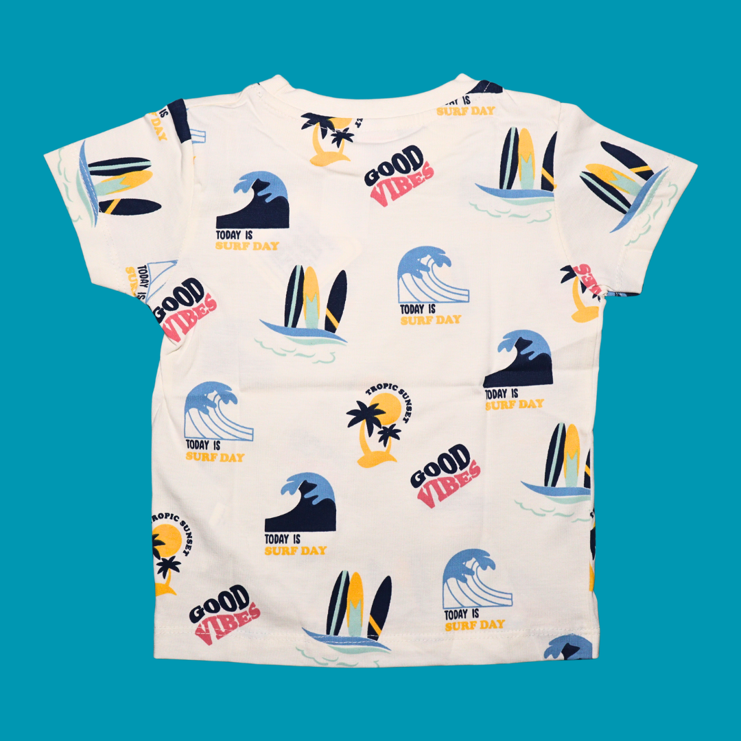 Ollypop Cotton Knit Half Sleeves T-Shirt with Good Vibes Text Print  (Blue / Creem)