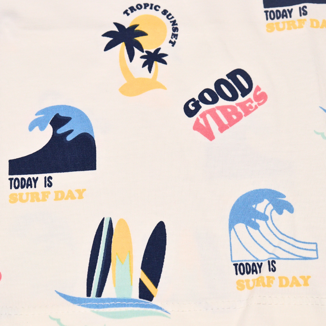 Ollypop Cotton Knit Half Sleeves T-Shirt with Good Vibes Text Print  (Blue / Creem)