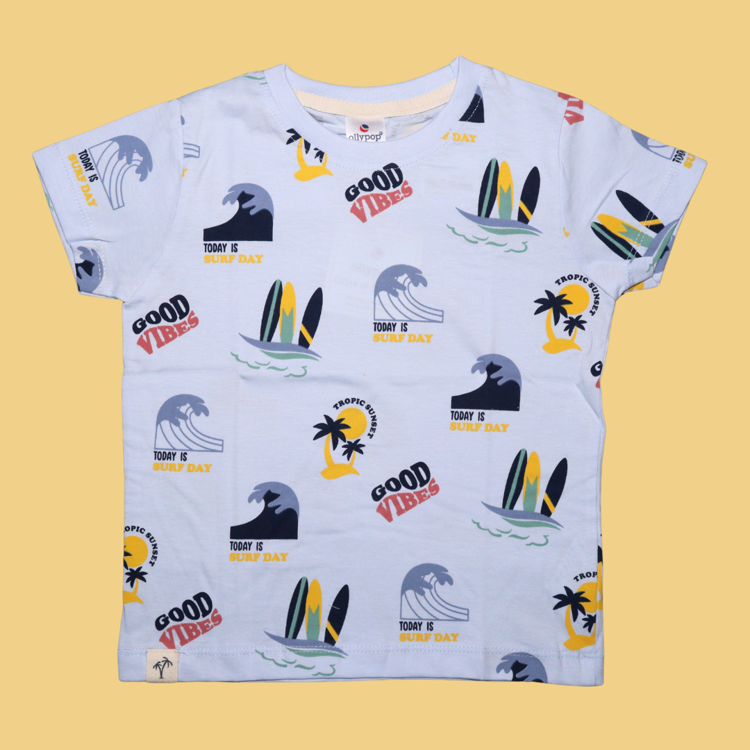 Ollypop Cotton Knit Half Sleeves T-Shirt with Good Vibes Text Print  (Blue / Creem)
