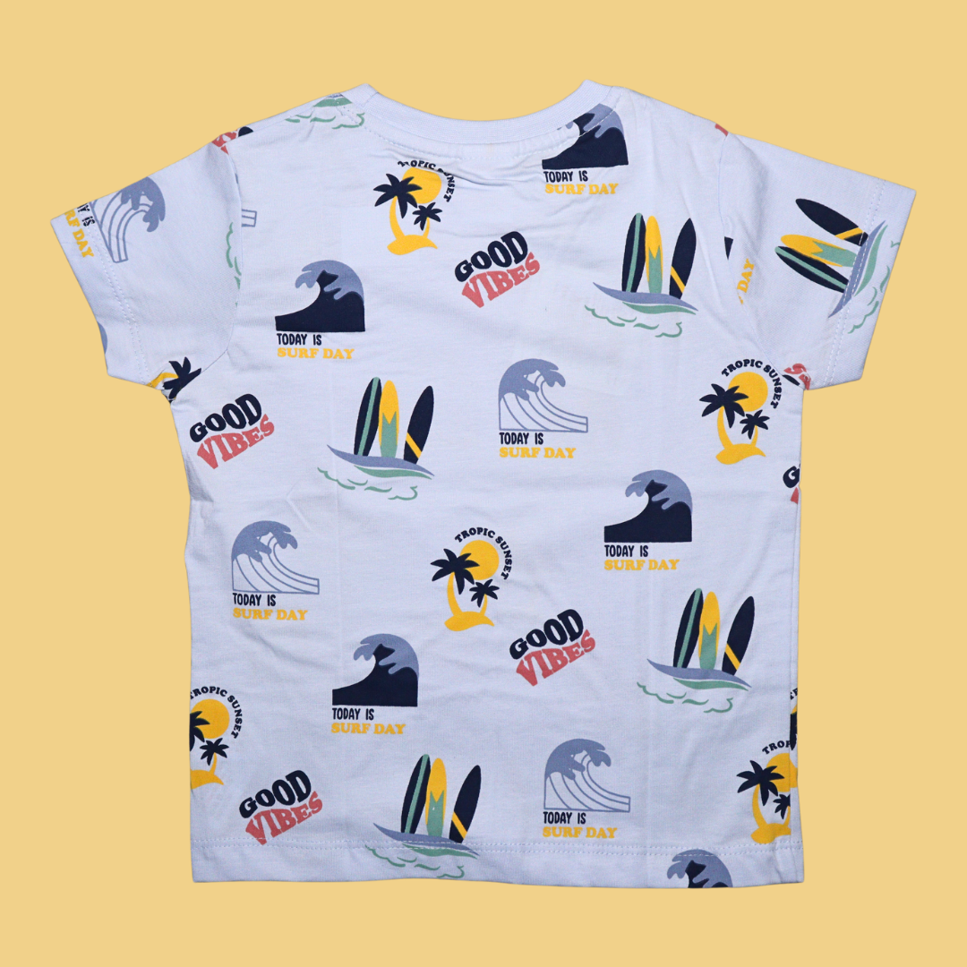 Ollypop Cotton Knit Half Sleeves T-Shirt with Good Vibes Text Print  (Blue / Creem)