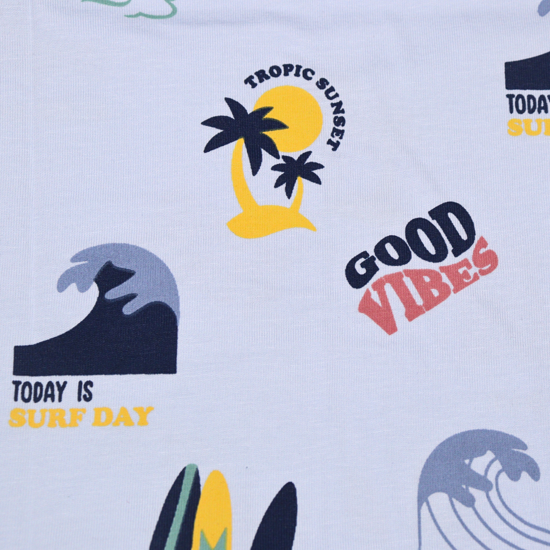 Ollypop Cotton Knit Half Sleeves T-Shirt with Good Vibes Text Print  (Blue / Creem)