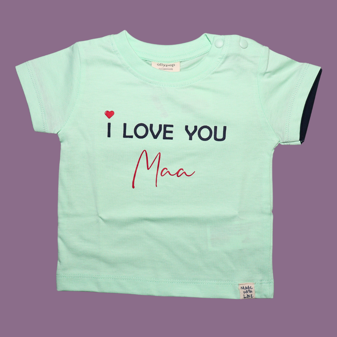 Ollypop Cotton Half Sleeves Top I Love You Maa Print (Green / Pink)