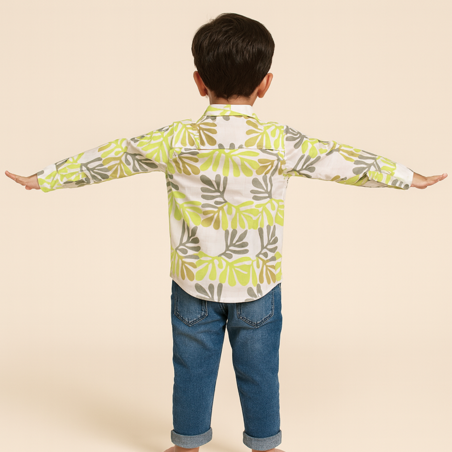 Smile Baby Boys Printed Cotton Shirt – Leaf Pattern, Long Sleeves (1–14 Years)