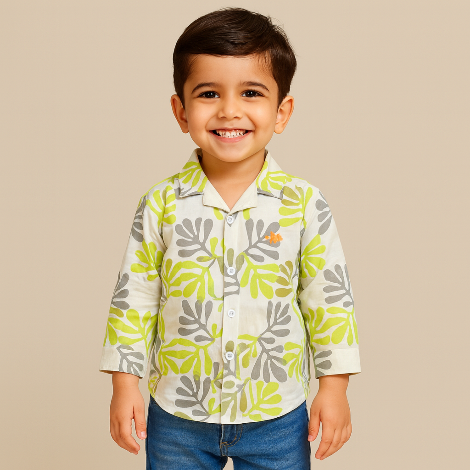 Smile Baby Boys Printed Cotton Shirt – Leaf Pattern, Long Sleeves (1–14 Years)