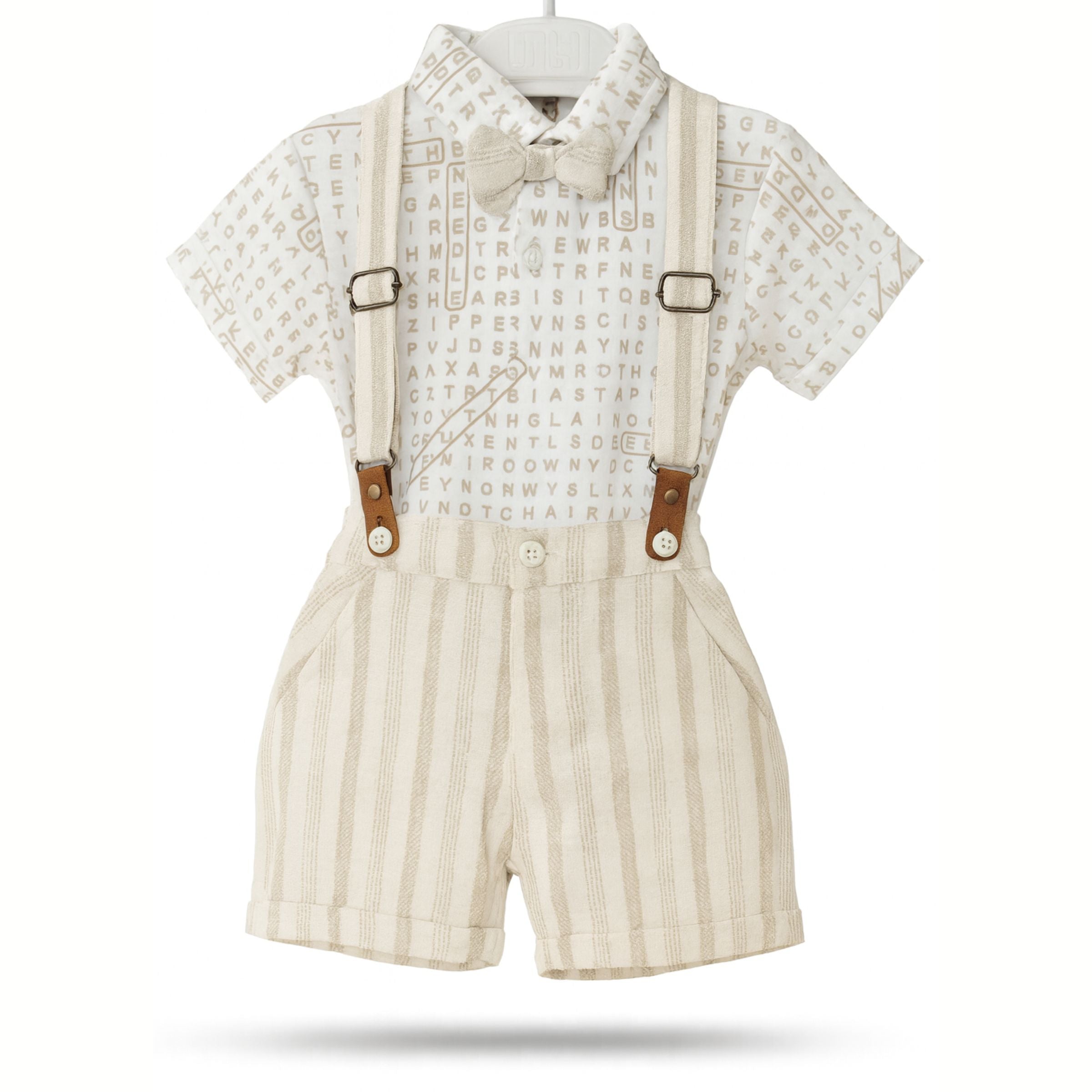 TOFFY HOUSE Boys’ Alphabet Shirt & Suspender Shorts Set – CREAM | Bow Tie | Stylish Party Wear for Infants & Toddlers