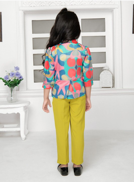 TINY BABY YELLOW COLORE GIRLS TOP AND PANT WITH FULL SLEEVE PRINTED MULTICOLORE JACKET