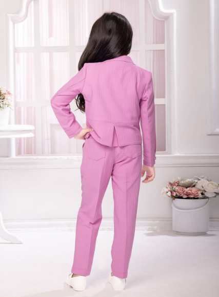 TINY BABY GIRLS PRINTED V-NECK SLEEVELESS TOP AND PANT WITH FULL SLEEVE BLAZER SET  LAVENDER COLORE Set