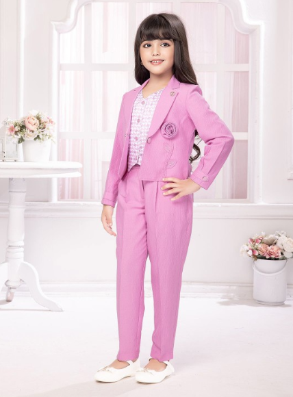 TINY BABY GIRLS PRINTED V-NECK SLEEVELESS TOP AND PANT WITH FULL SLEEVE BLAZER SET  LAVENDER COLORE Set