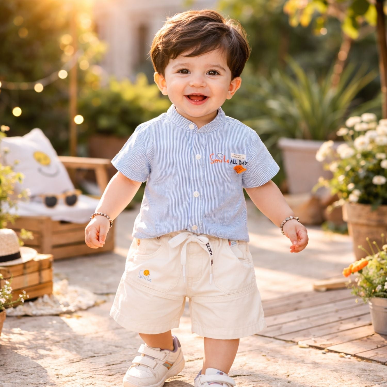 KIDZELLO Smile All Day Summer Co-Ord Set for Baby Boys (0–24 Months) – Soft Cotton Shirt & Shorts – Peach & Sky