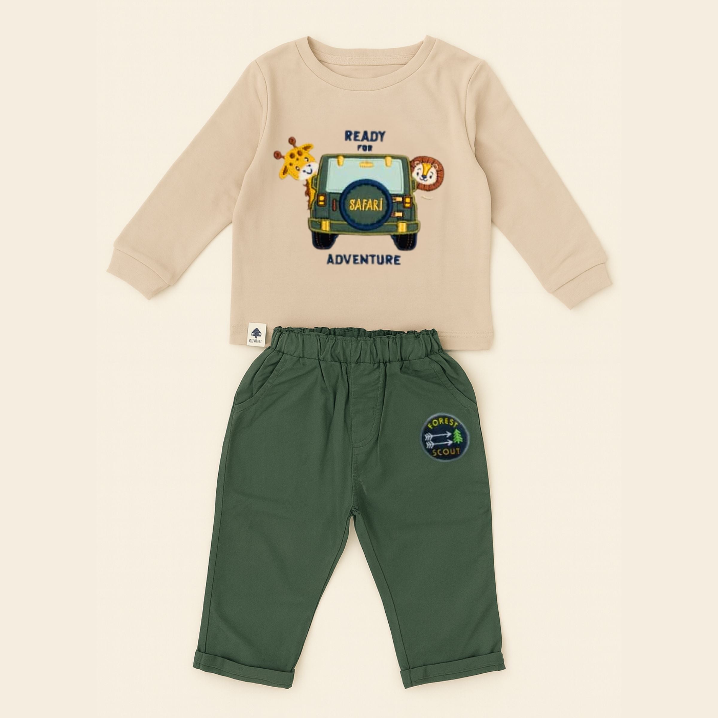 OLLYPOP Safari Adventure Full Sleeve T-Shirt & Pant Set – Ivory & Scuba (3–3 Years)