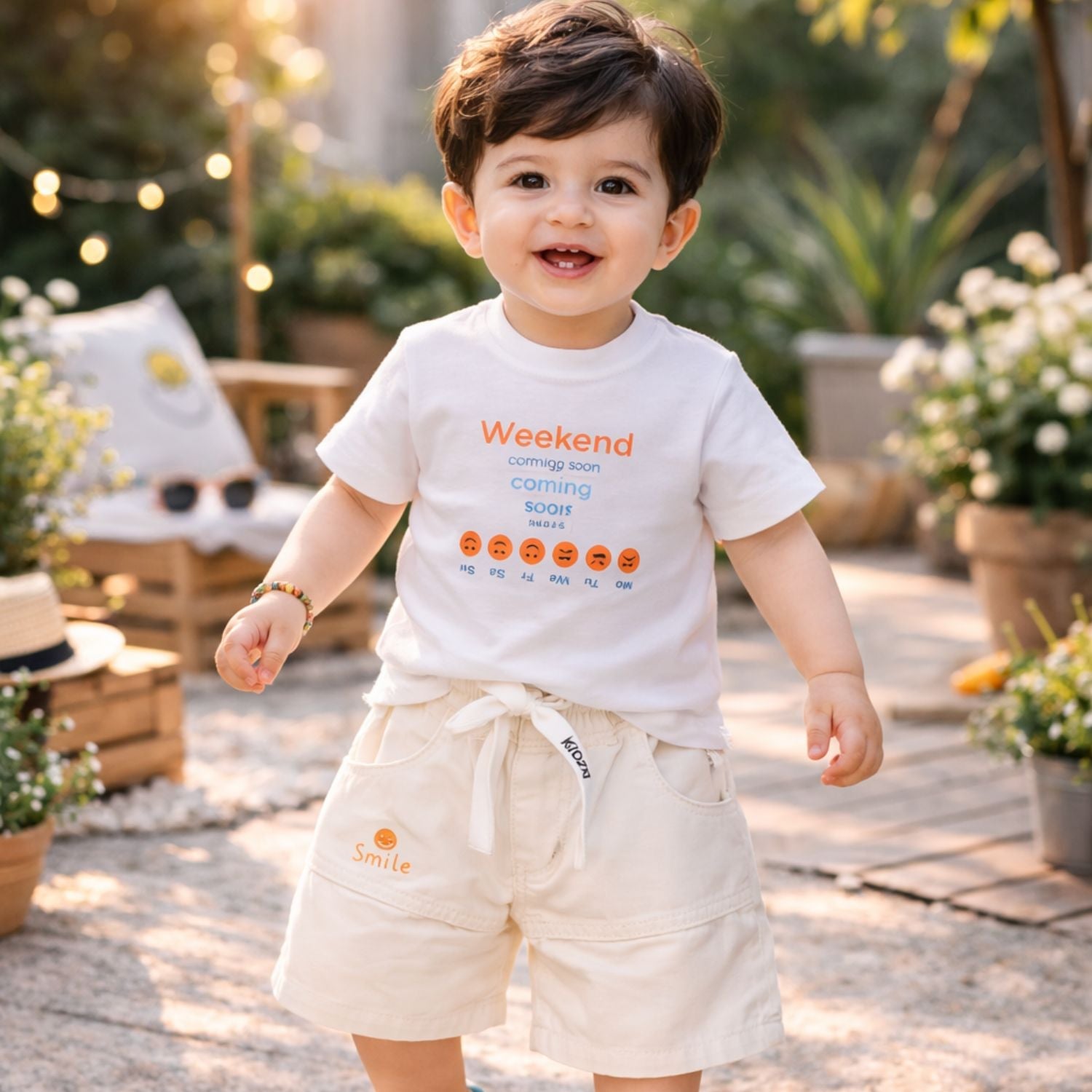 KIDZELLO Smile All Day Summer Co-Ord Set for Baby Boys (0–24 Months) – Soft Cotton Shirt & Shorts – Peach & Sky
