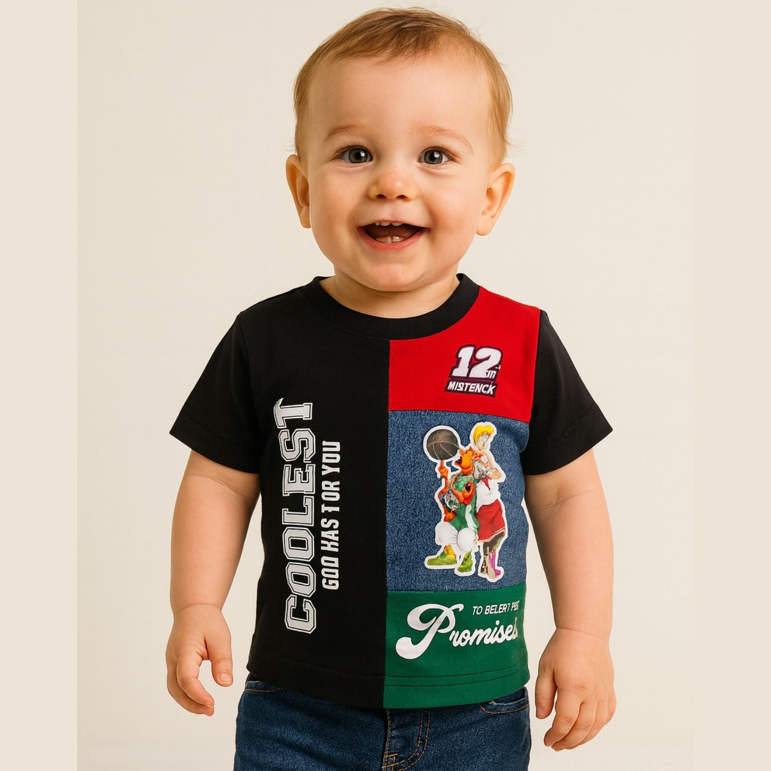 COOLEST Kids Basketball Graphic T-Shirt – Neon Green & Red | Age 12 Months – 4 Years