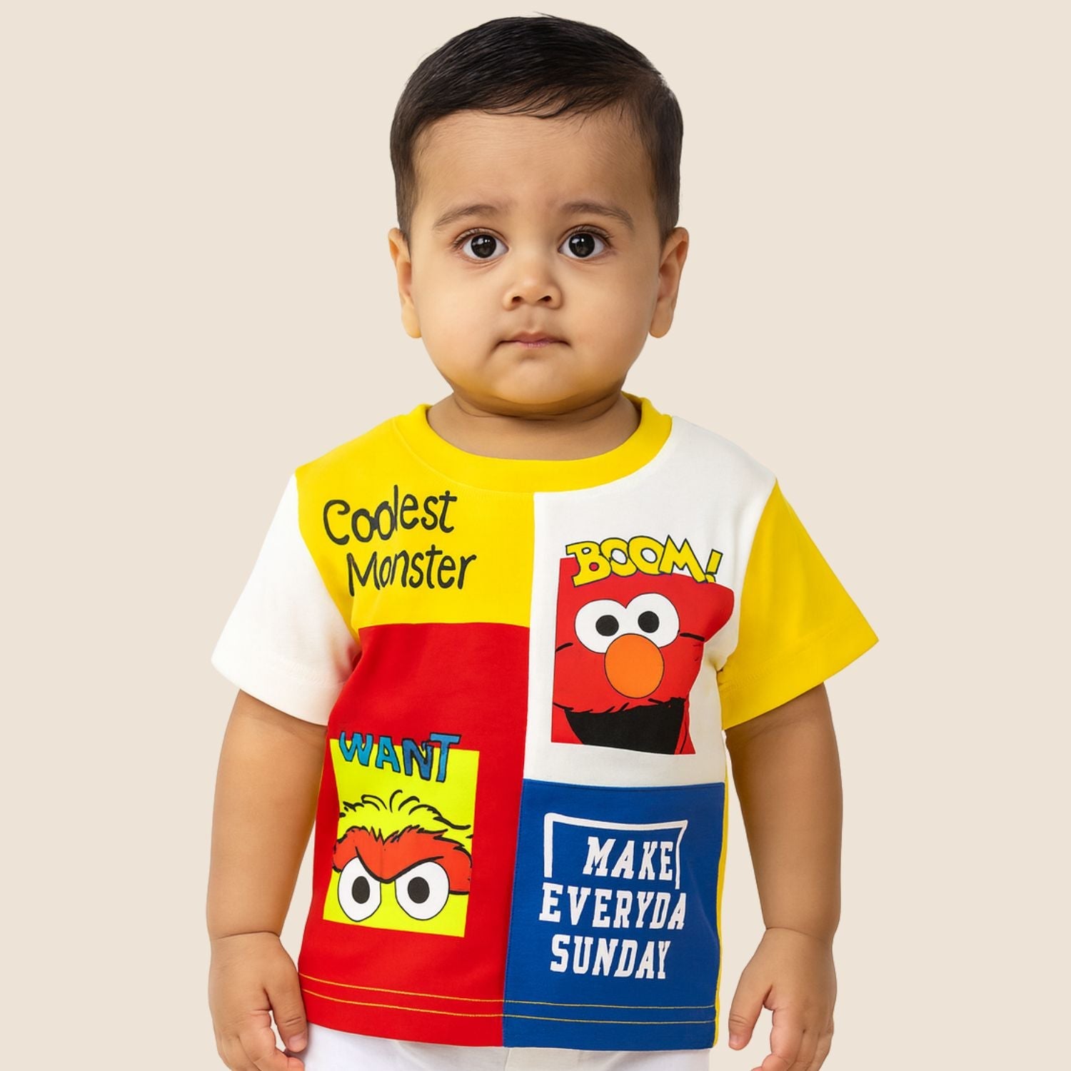 COOLEST Monster Cartoon Printed T-Shirt for Boys | Age 12 Months – 12 Years | Available Colors: Yellow, R.Blue, N.Green